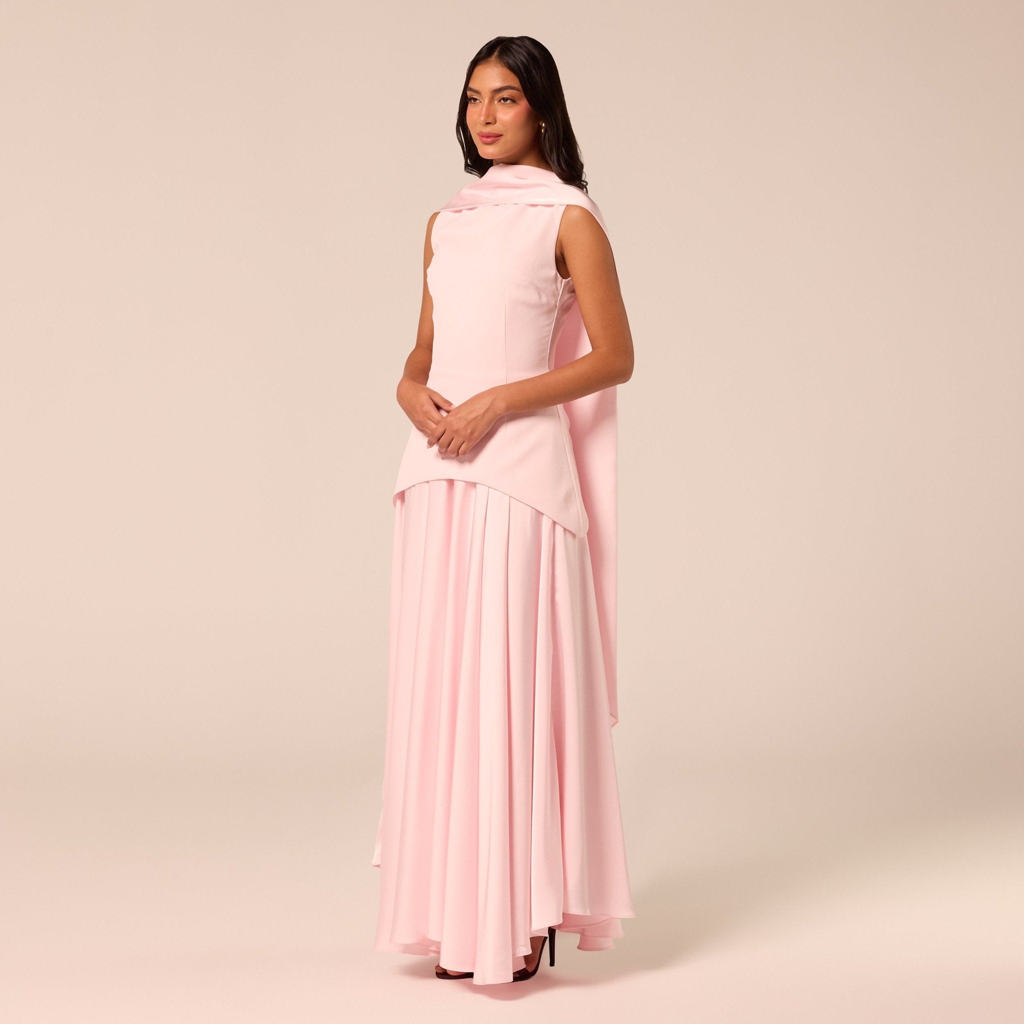 Satin & Crepe Maxi Dress with Back Scarf - shopaleena