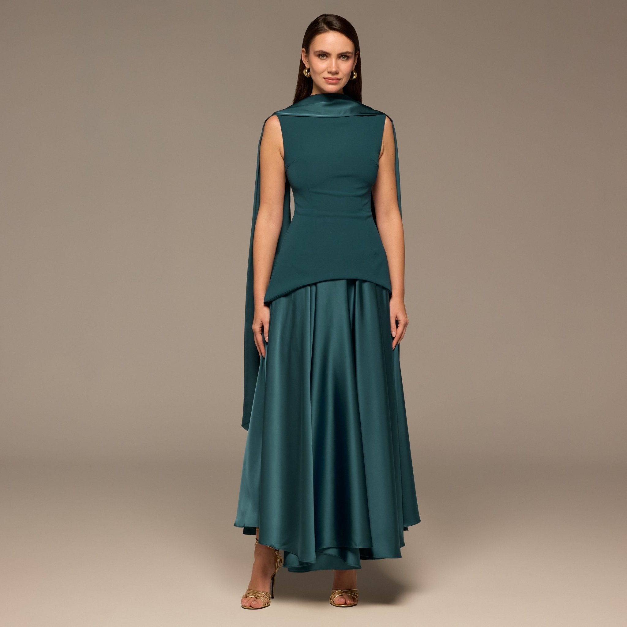 Satin & Crepe Maxi Dress with Back Scarf - shopaleena
