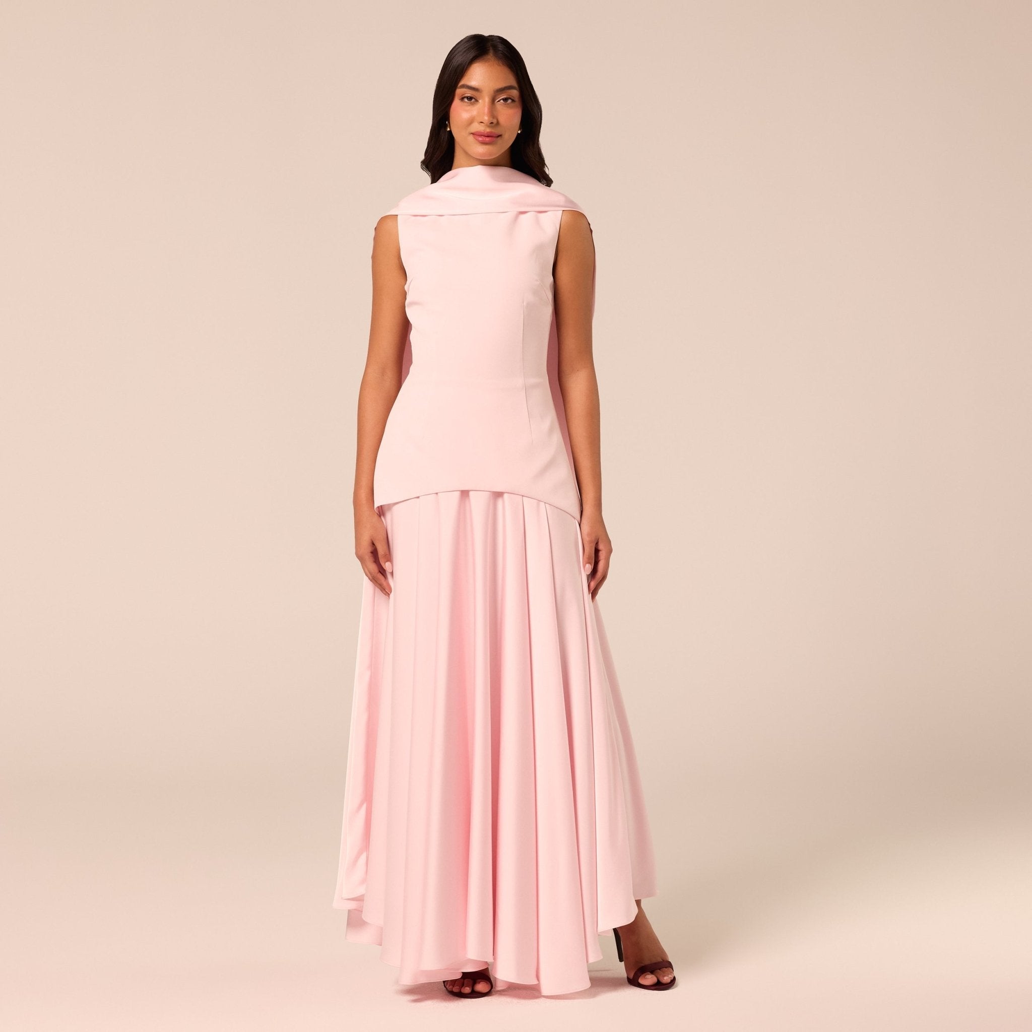 Satin & Crepe Maxi Dress with Back Scarf - shopaleena