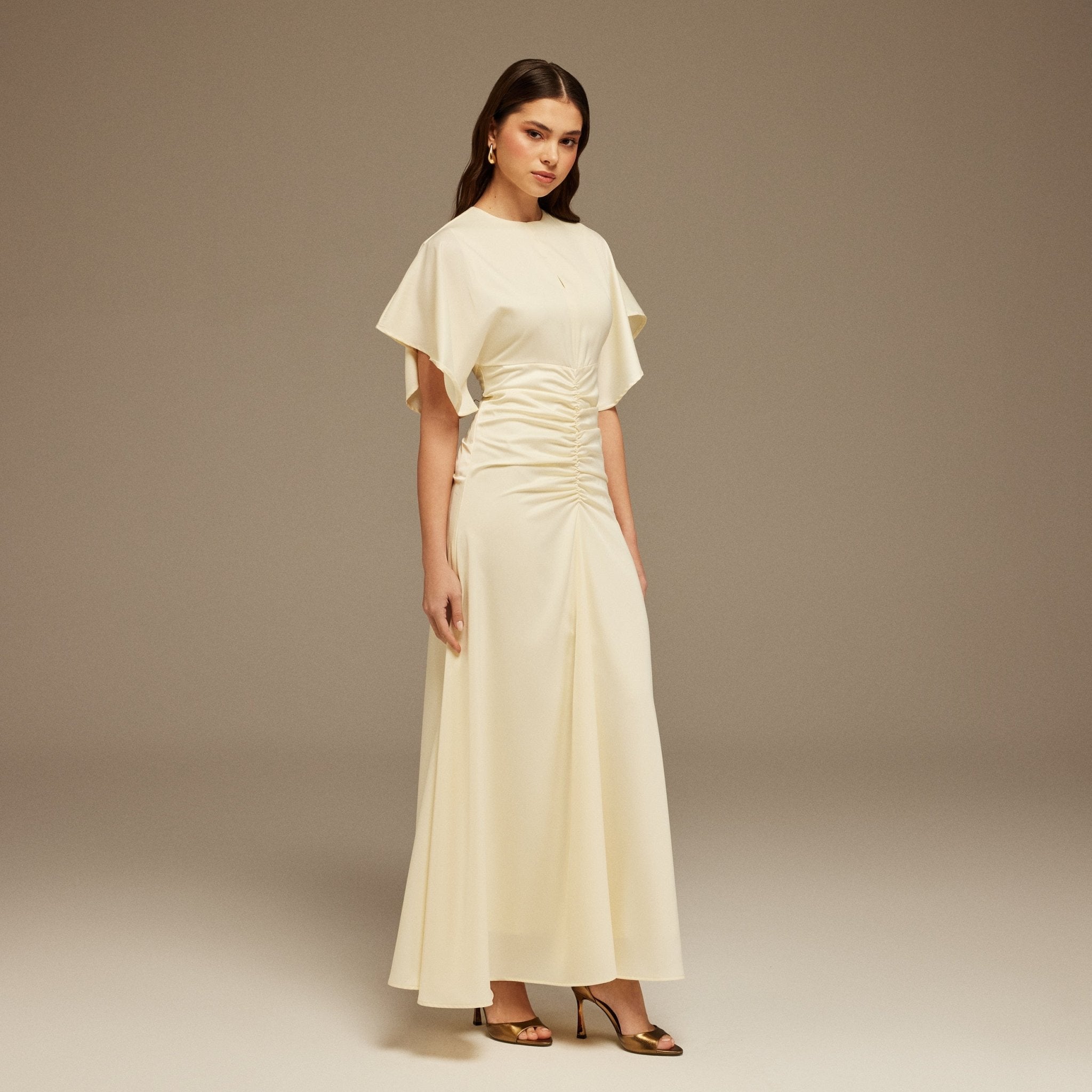 Satin Maxi Dress with Ruched Details - shopaleena