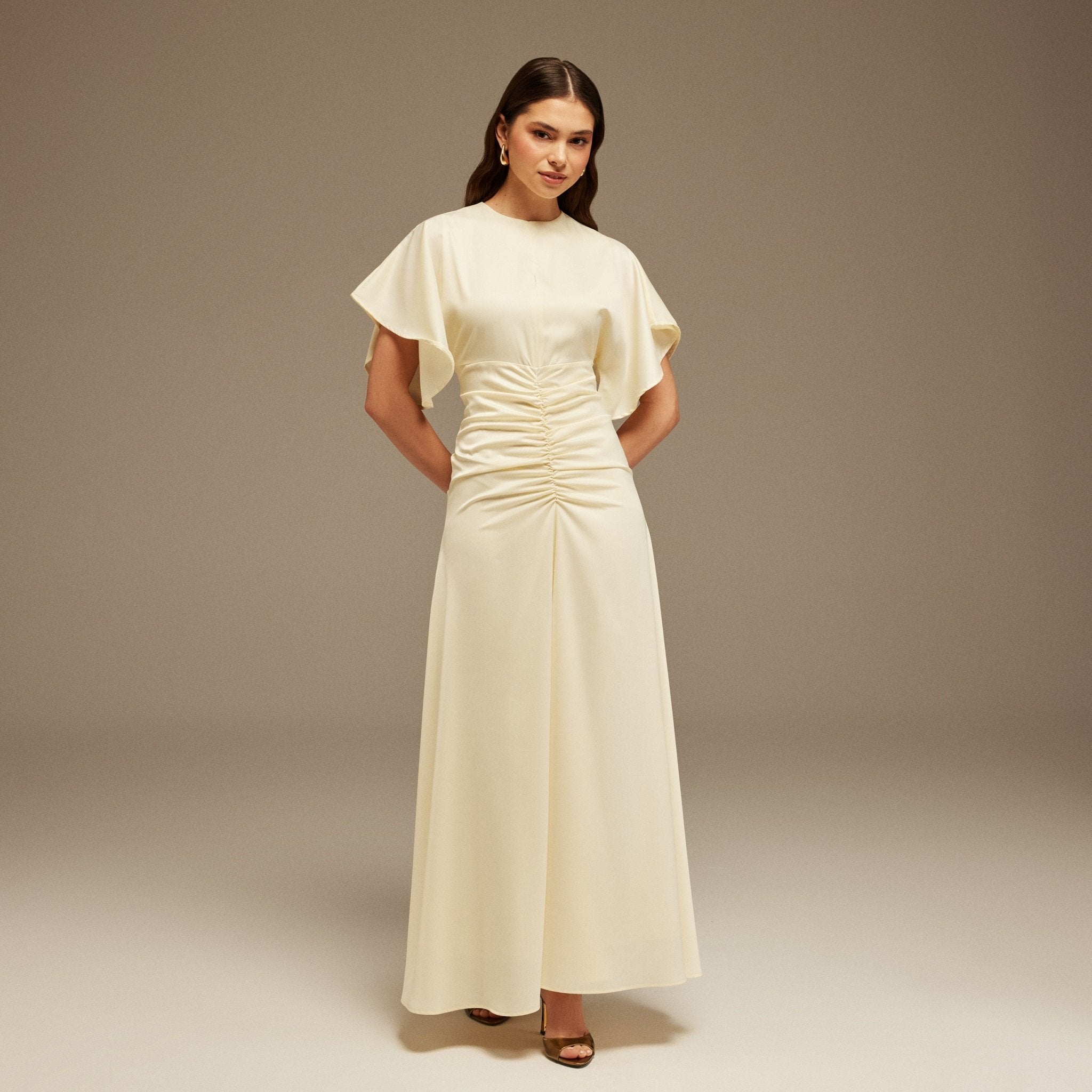 Satin Maxi Dress with Ruched Details - shopaleena