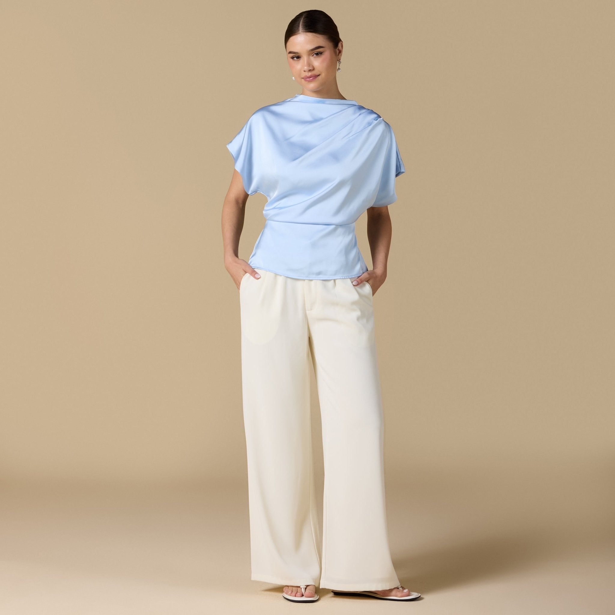 Short Sleeve Dropped Satin Top - shopaleena