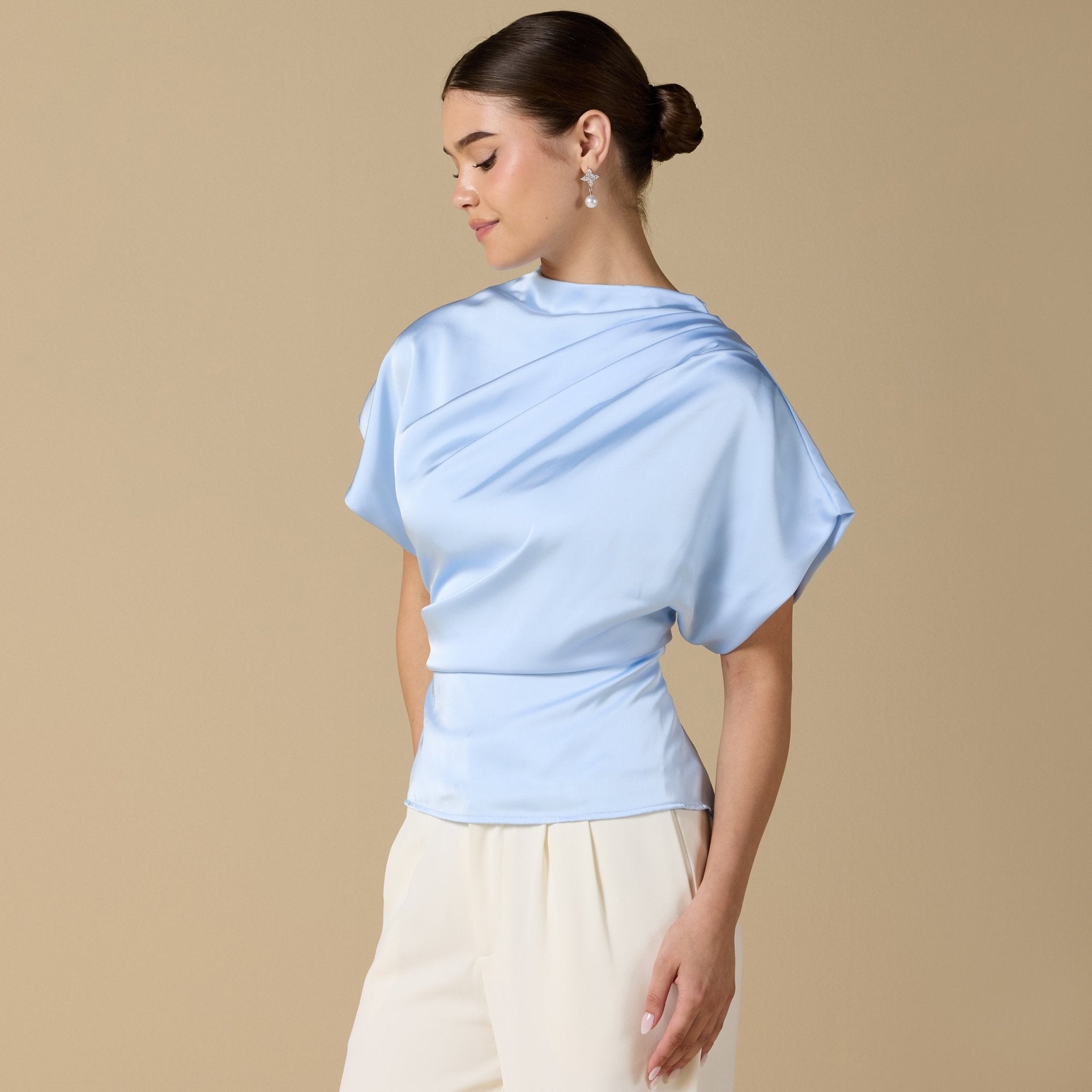 Short Sleeve Dropped Satin Top - shopaleena