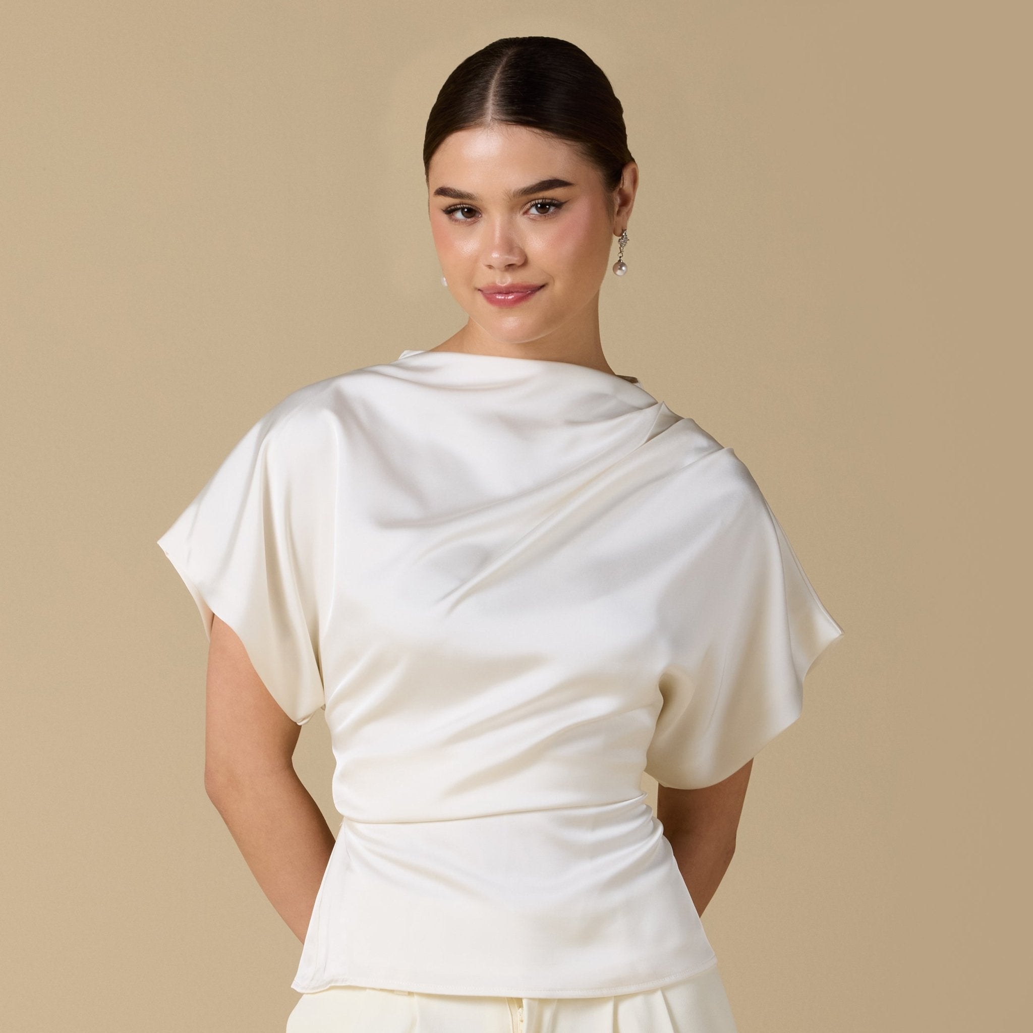 Short Sleeve Dropped Satin Top - shopaleena