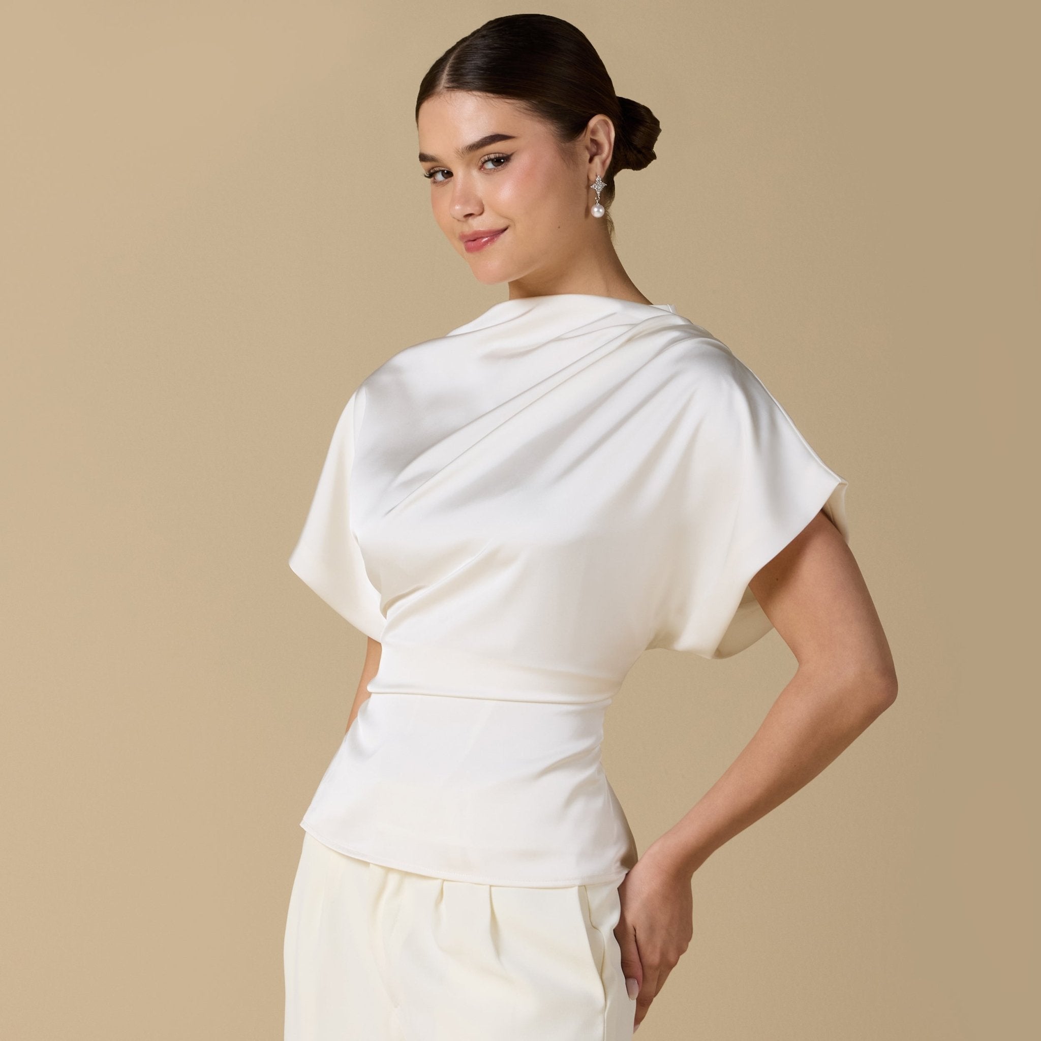 Short Sleeve Dropped Satin Top - shopaleena