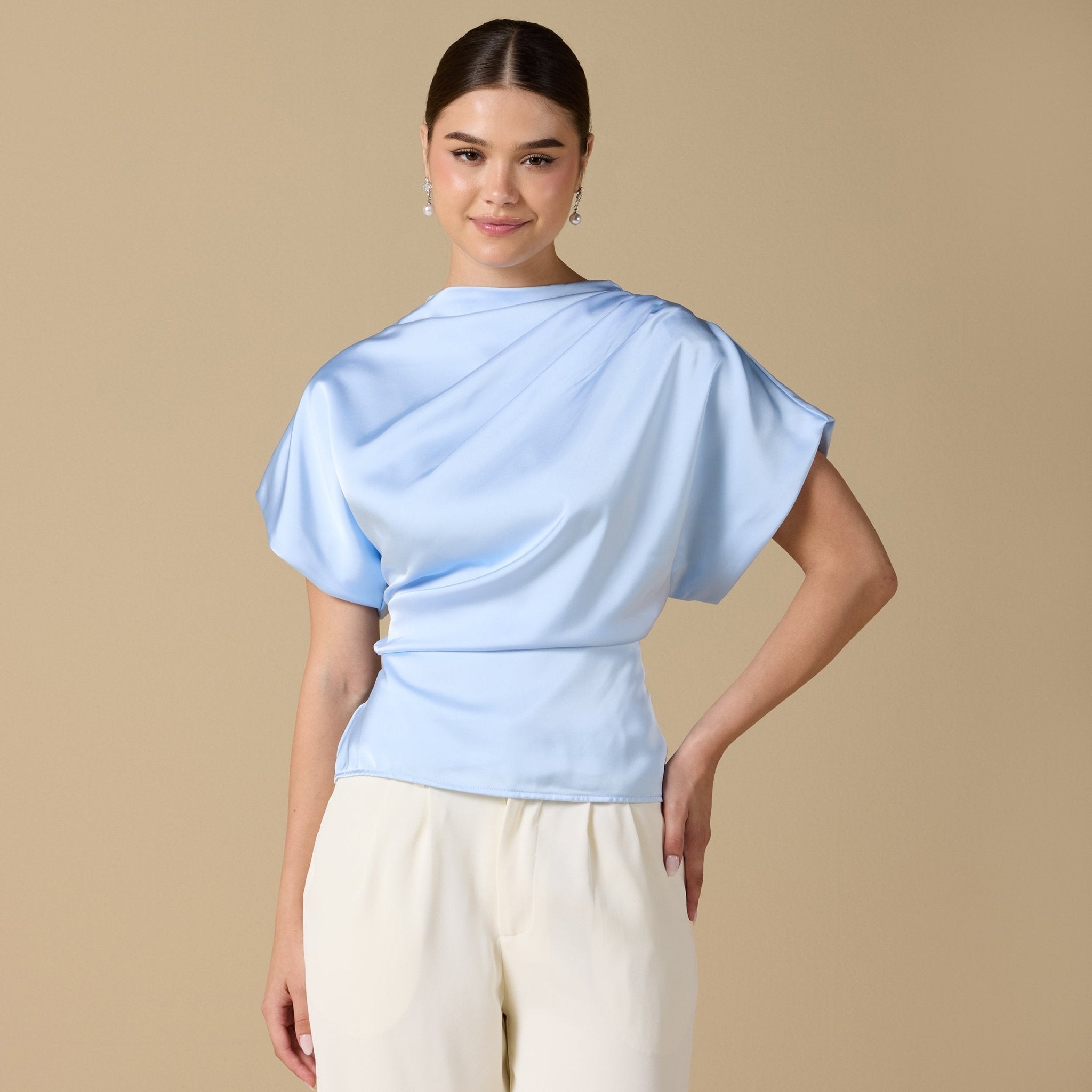 Short Sleeve Dropped Satin Top - shopaleena