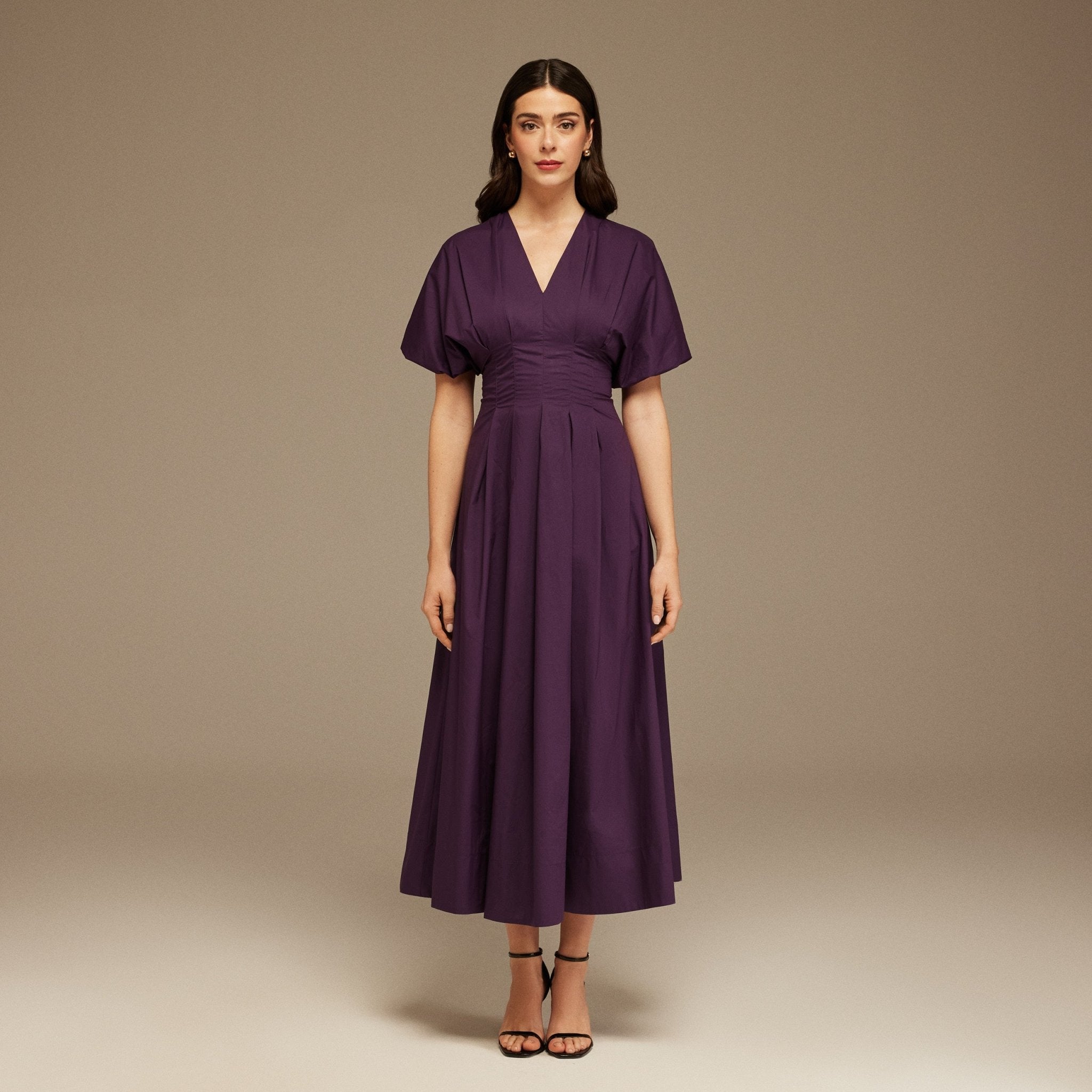 Short Sleeve Purple Pleated Maxi Dress - shopaleena