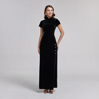 Short Sleeve Velvet Maxi Dress - shopaleena