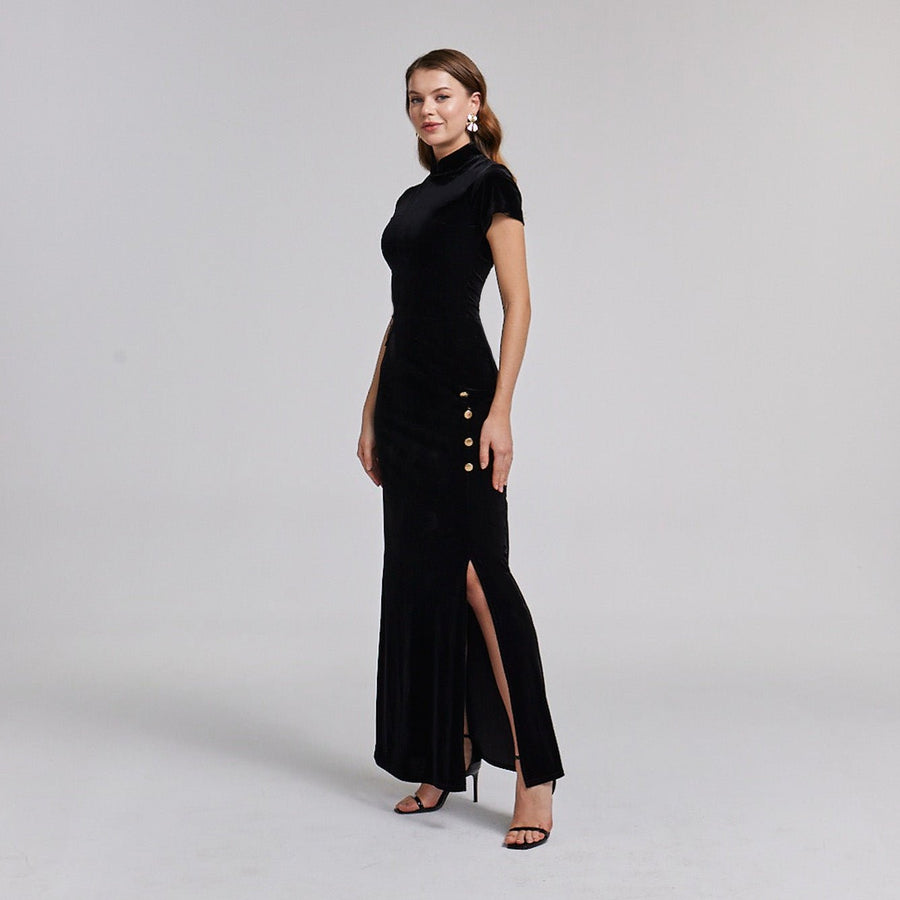 Short Sleeve Velvet Maxi Dress - shopaleena