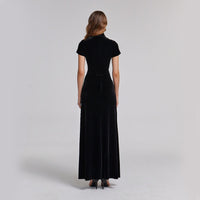 Short Sleeve Velvet Maxi Dress - shopaleena