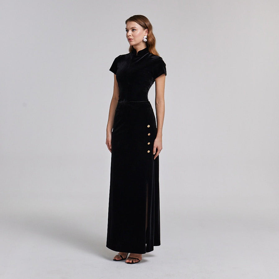 Short Sleeve Velvet Maxi Dress - shopaleena