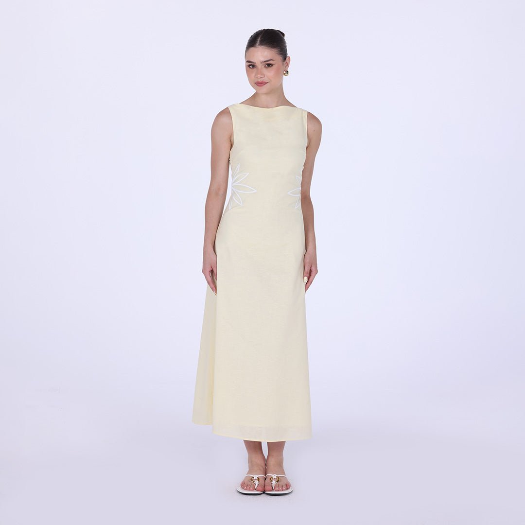 Sleeveless A - line midi dress with waist embroidery - shopaleena