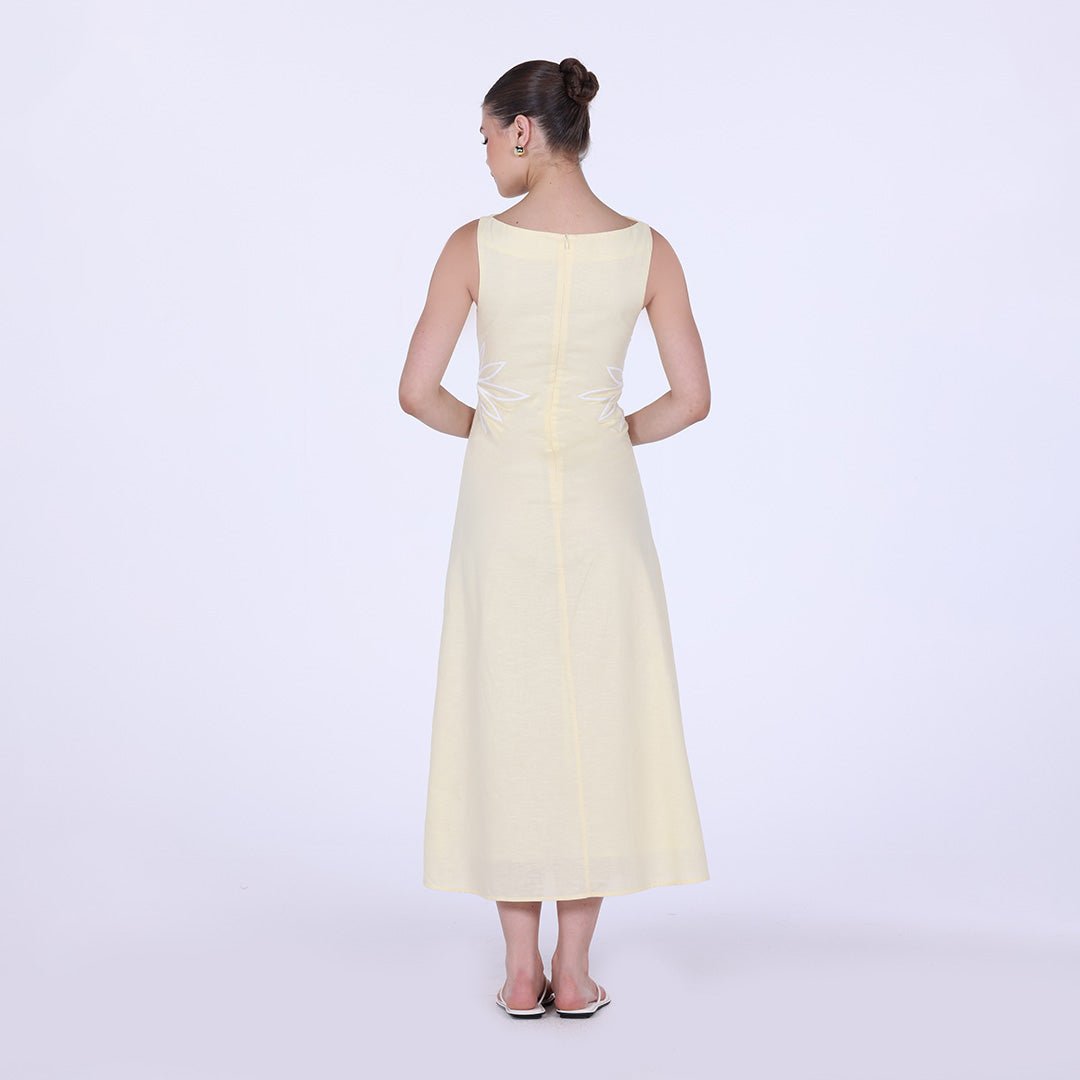 Sleeveless A - line midi dress with waist embroidery - shopaleena