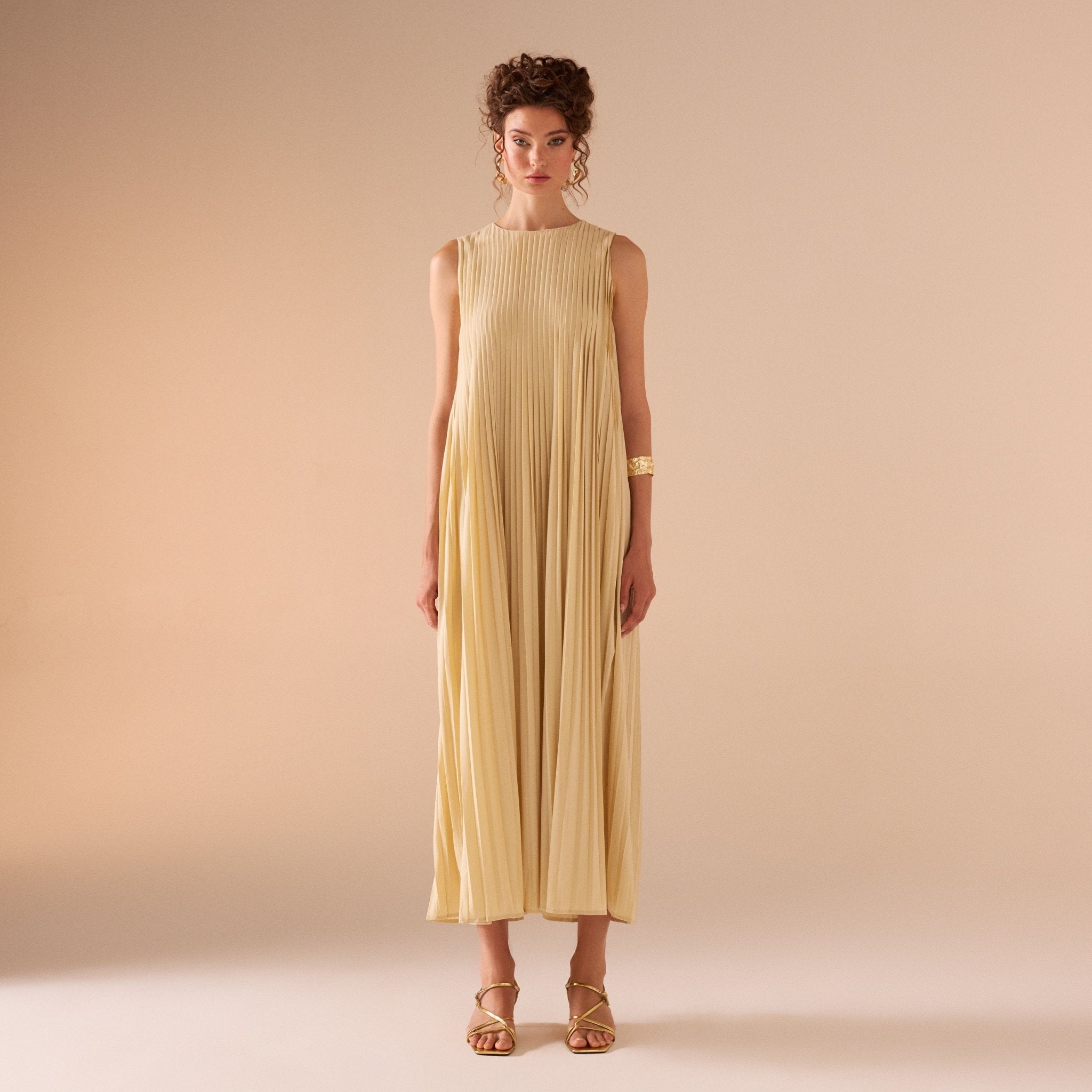 Sleeveless Crepe Pleated Dress - shopaleena