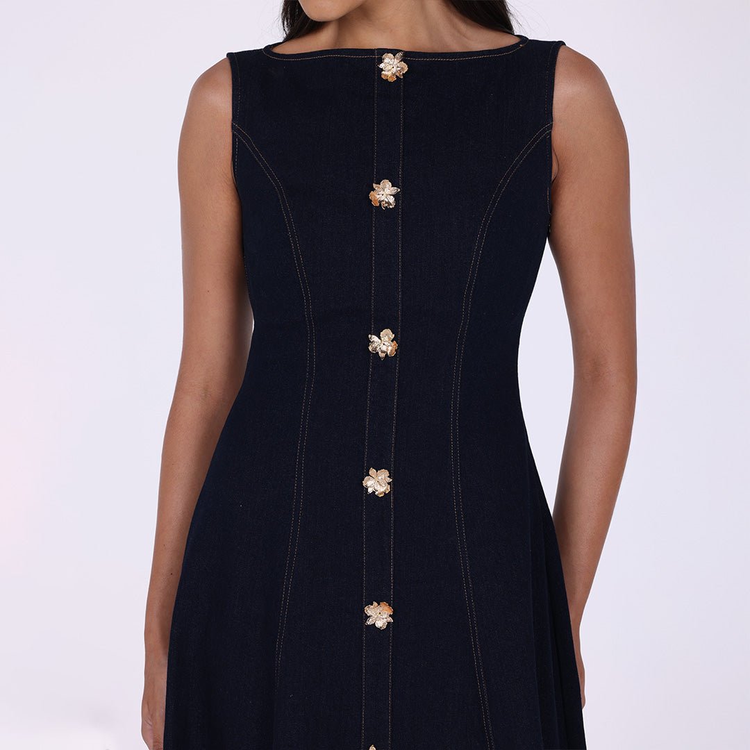 Sleeveless Denim A - Line Midi Dress with Decorative Buttons - shopaleena