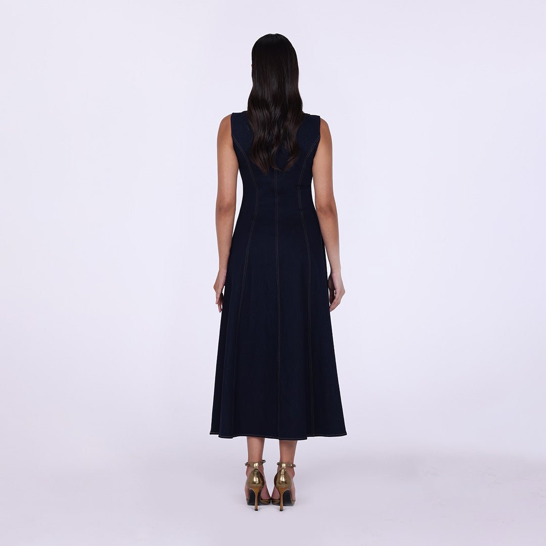 Sleeveless Denim A - Line Midi Dress with Decorative Buttons - shopaleena