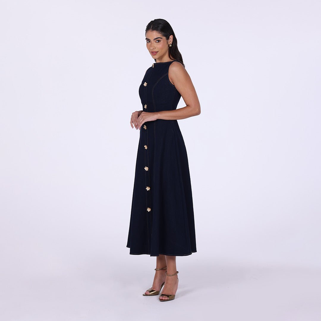 Sleeveless Denim A - Line Midi Dress with Decorative Buttons - shopaleena