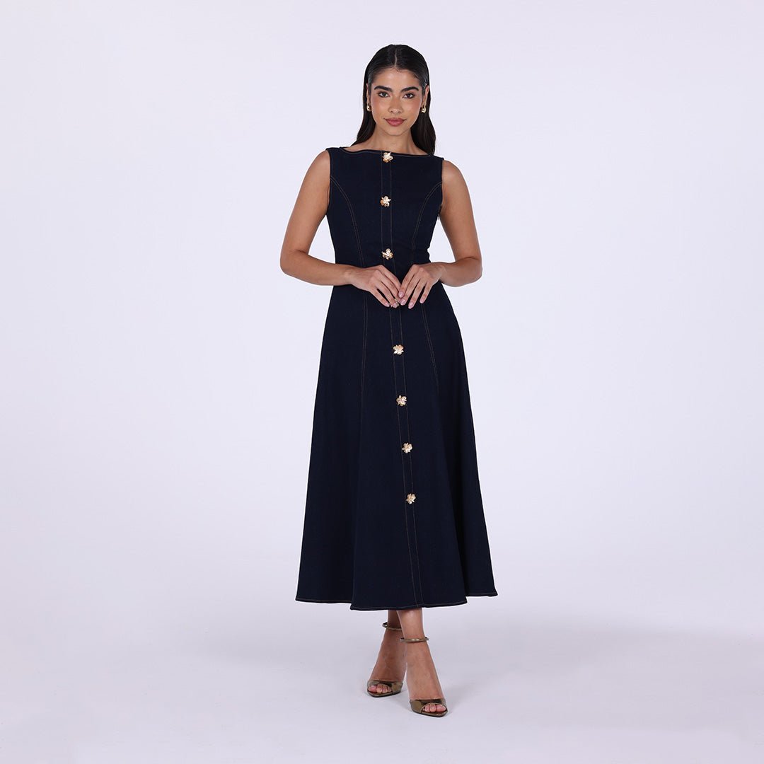 Sleeveless Denim A - Line Midi Dress with Decorative Buttons - shopaleena