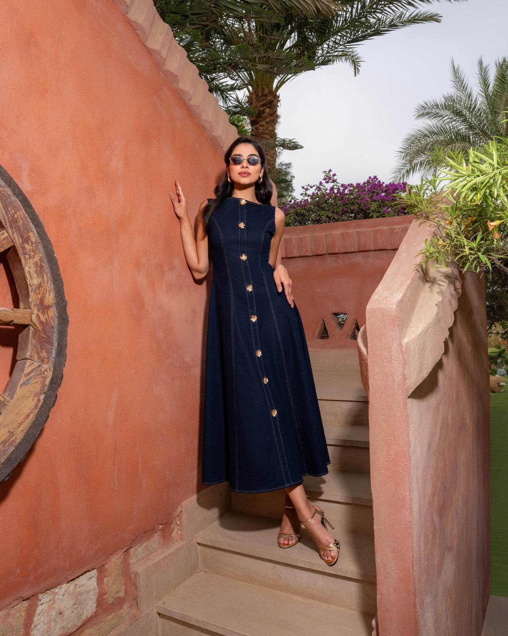 Sleeveless Denim A - Line Midi Dress with Decorative Buttons - shopaleena