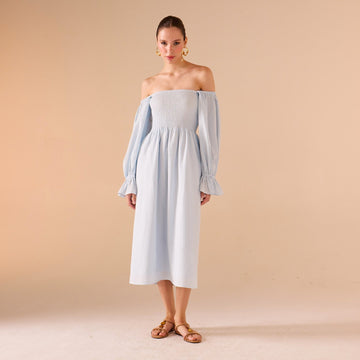 Smocked - Bodice Poet - Sleeve Midi Dress in Linen Cotton Blend - shopaleena