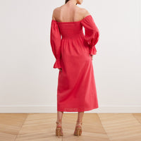Smocked-Bodice Poet-Sleeve Midi Dress in Linen Cotton Blend - shopaleena