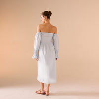 Smocked - Bodice Poet - Sleeve Midi Dress in Linen Cotton Blend - shopaleena