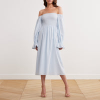 Smocked-Bodice Poet-Sleeve Midi Dress in Linen Cotton Blend - shopaleena