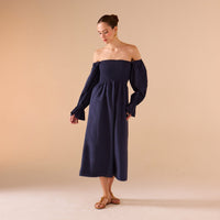 Smocked - Bodice Poet - Sleeve Midi Dress in Linen Cotton Blend - shopaleena