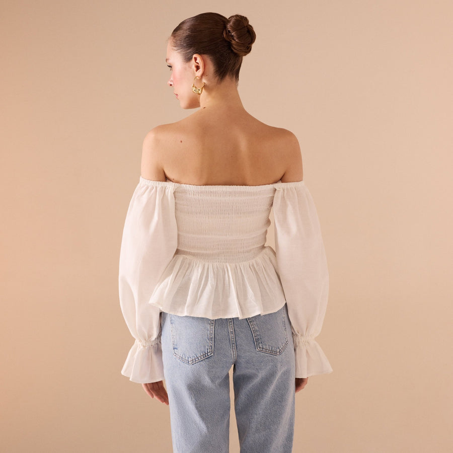 Smocked Bodice Poet Sleeve Top in Linen Cotton Blend - shopaleena