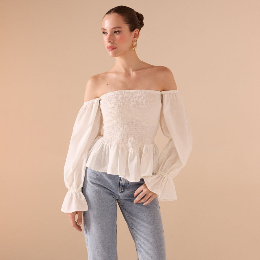 Smocked Bodice Poet Sleeve Top in Linen Cotton Blend - shopaleena