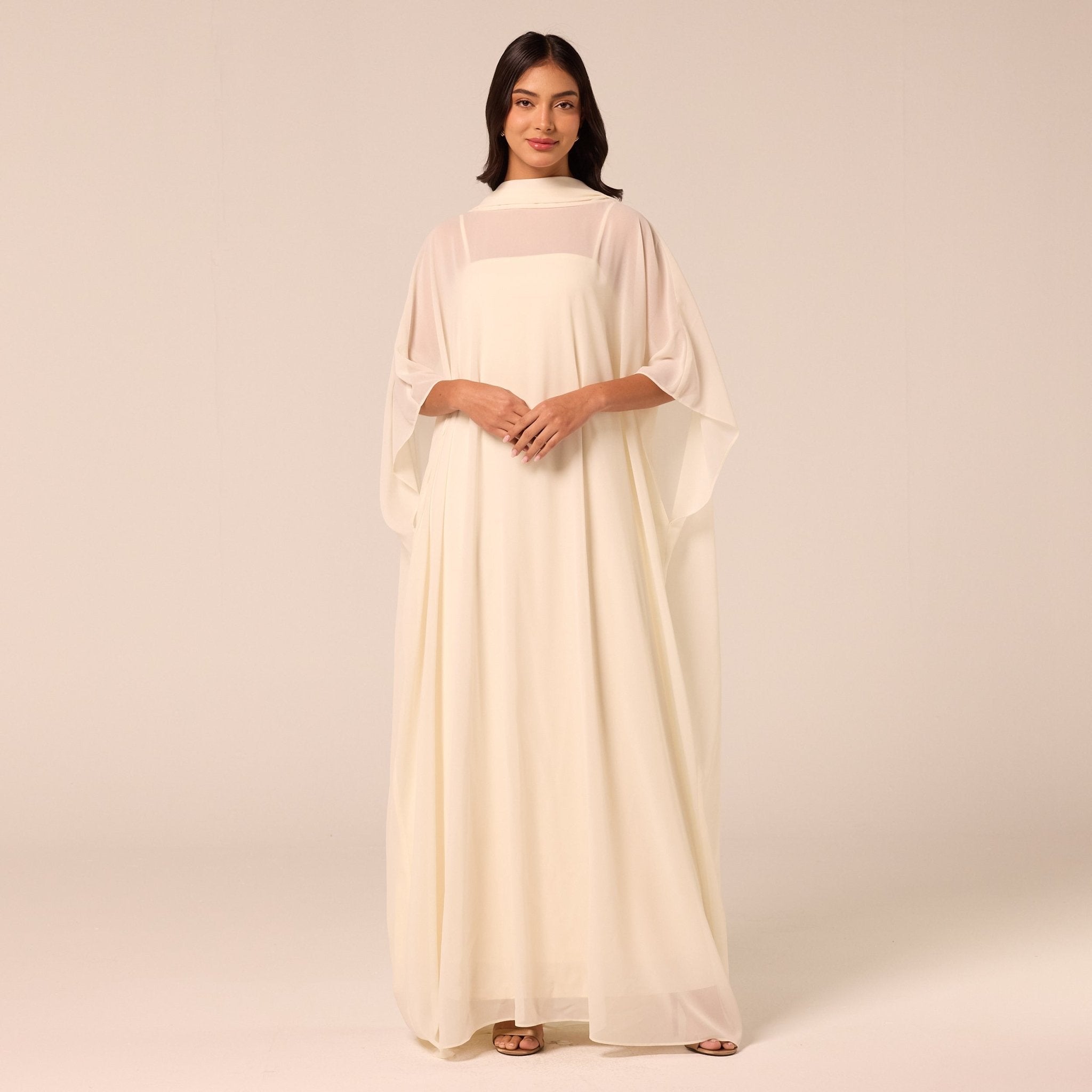 Spaghetti Strap Dress with Sheer Chiffon Cape - shopaleena