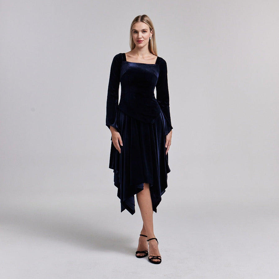 Square Neck Long Sleeve Velvet Dress - shopaleena