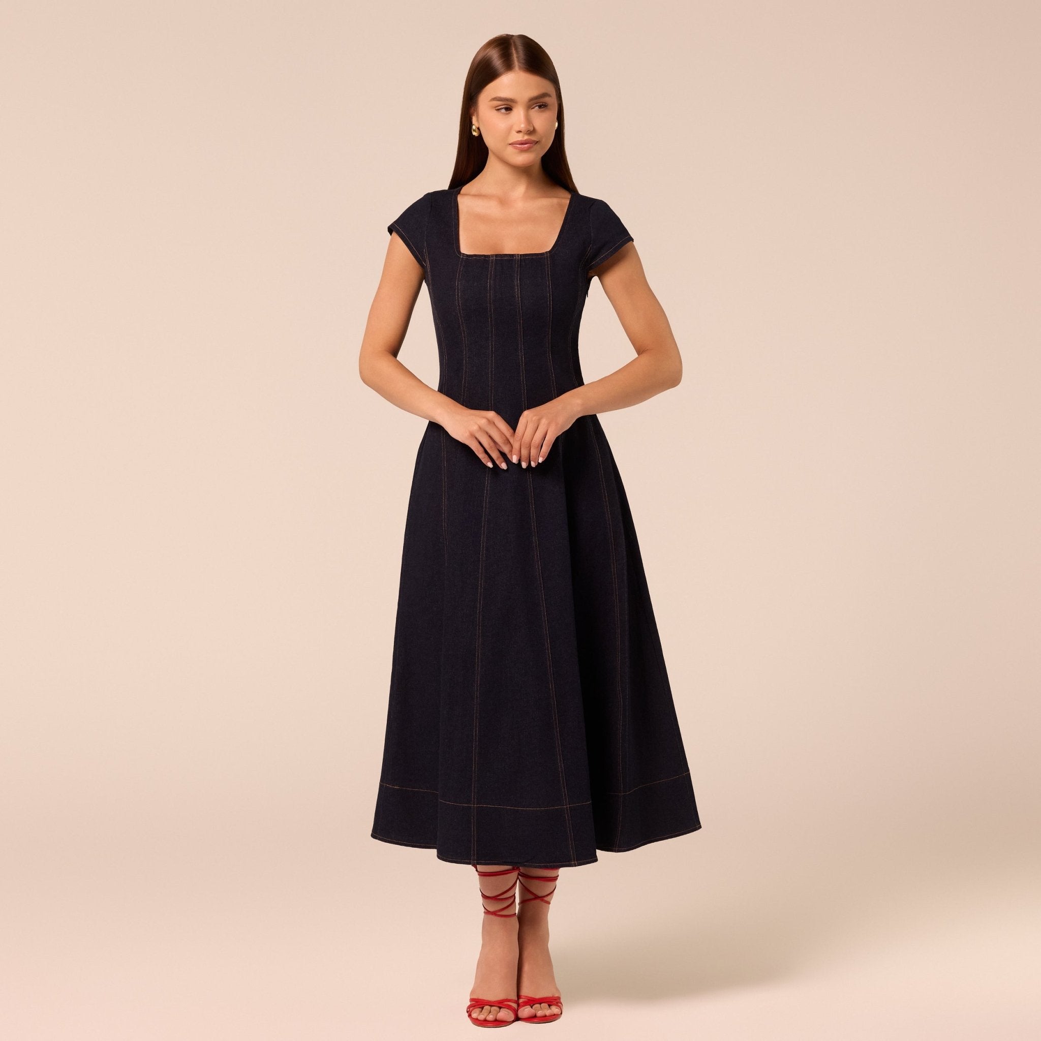 Square Neck Short Sleeve Denim Dress - shopaleena