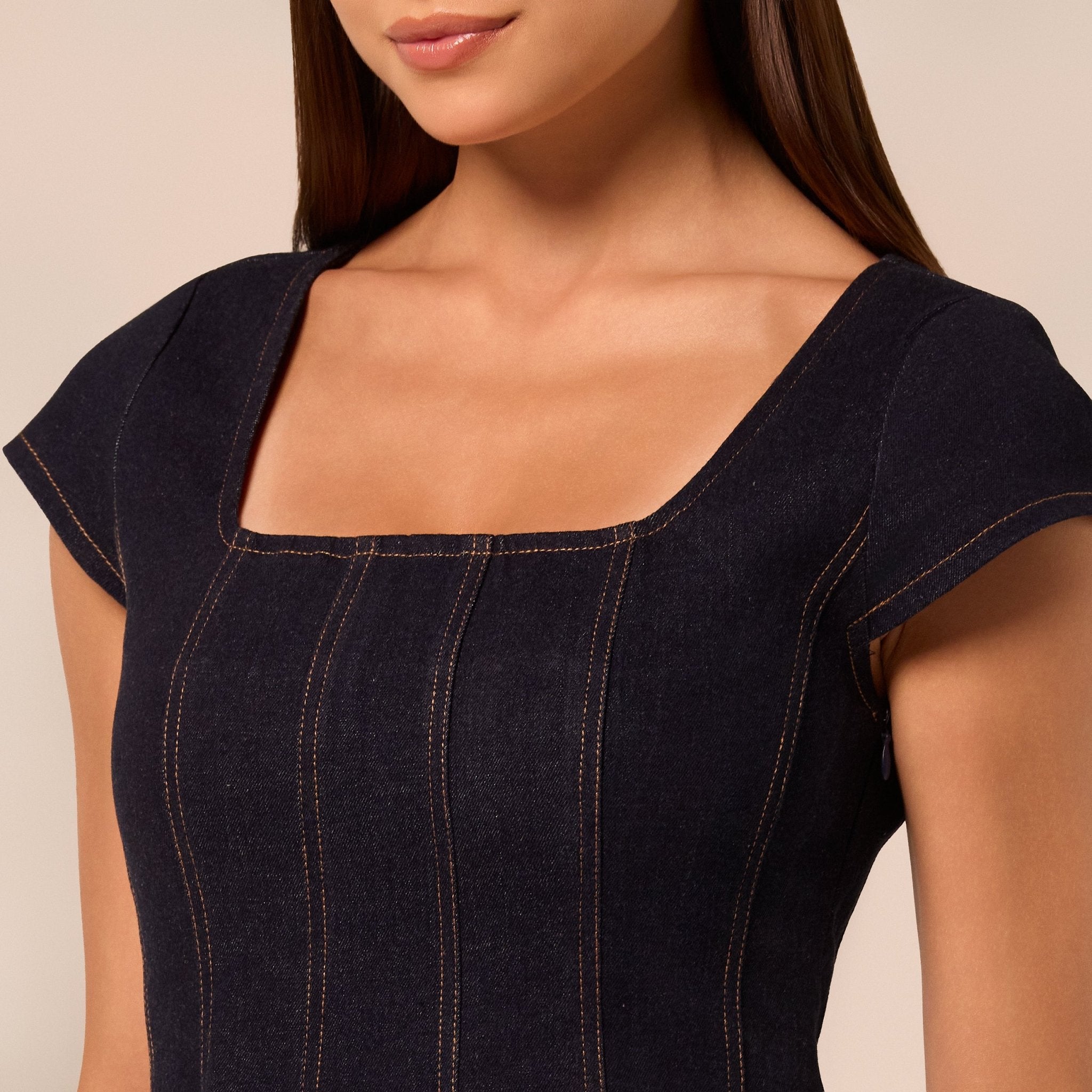 Square Neck Short Sleeve Denim Dress - shopaleena