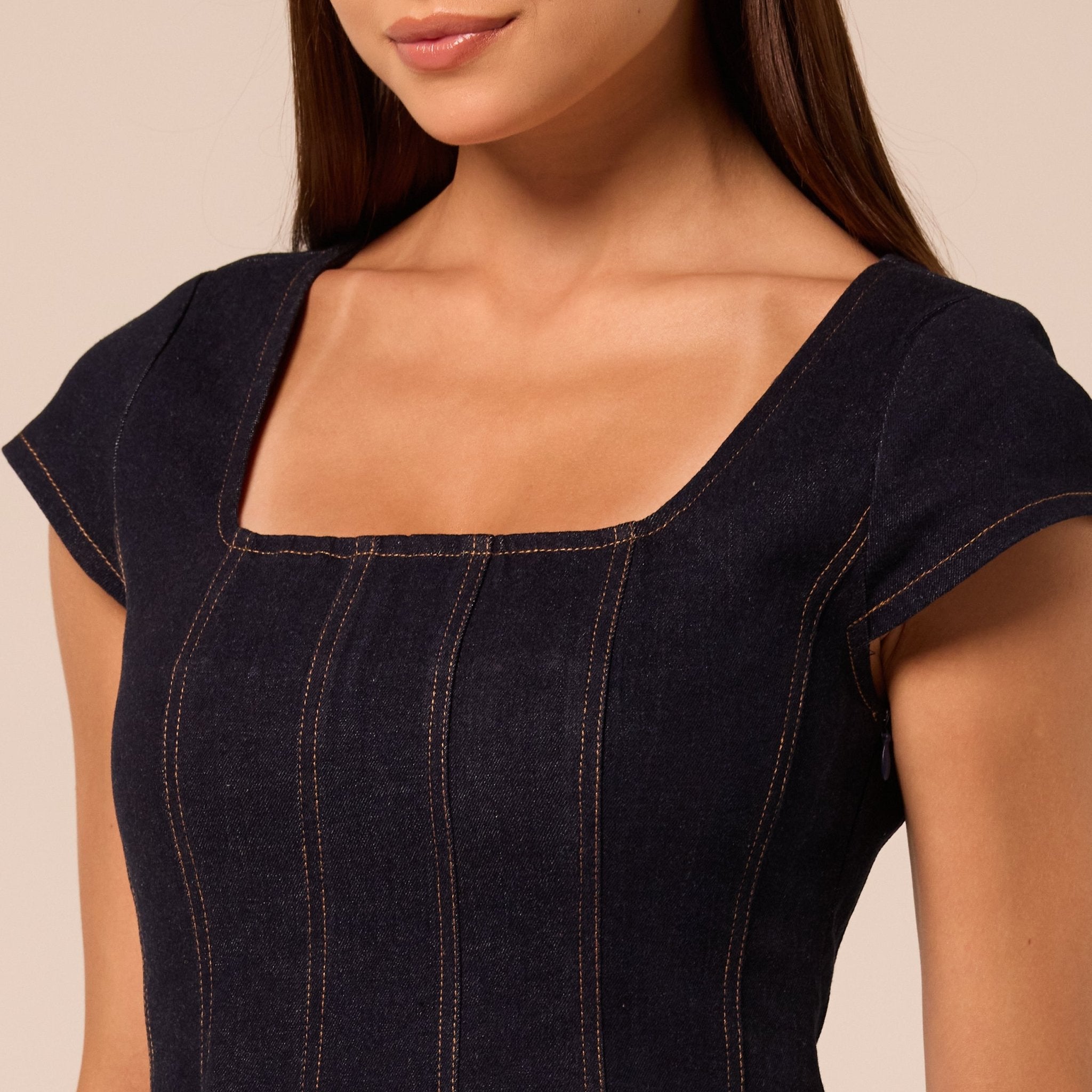Square Neck Short Sleeve Denim Dress - shopaleena