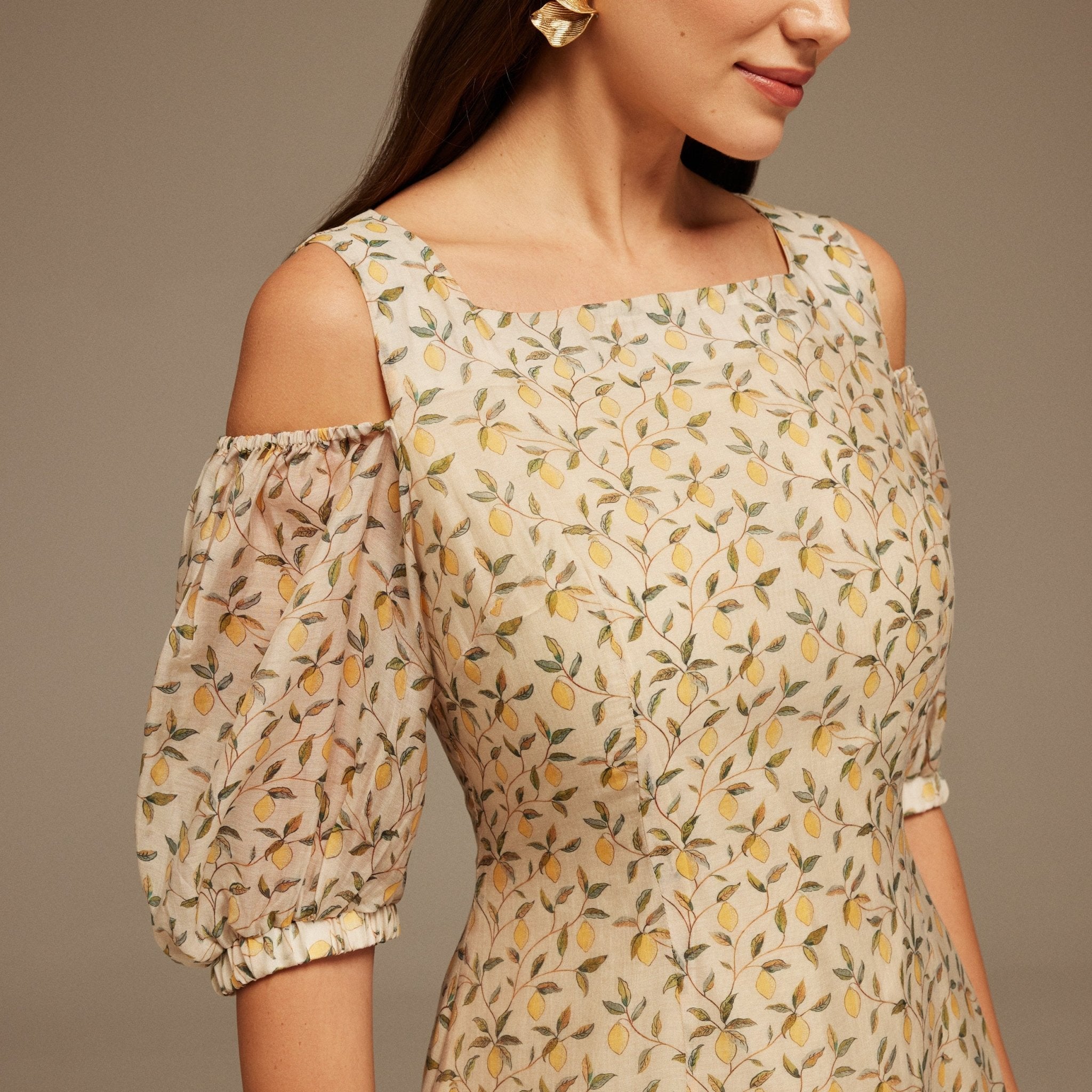 Square Neckline Puff Sleeve Printed Dress - shopaleena