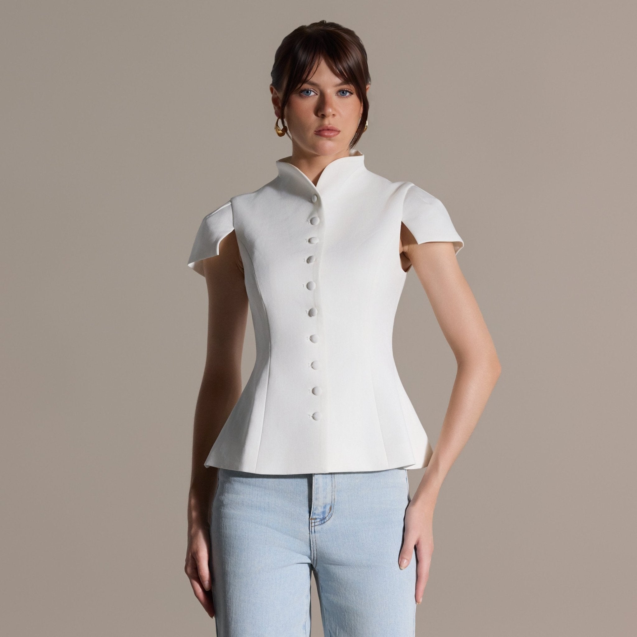 Stand Collar Peplum Blouse - shopaleena