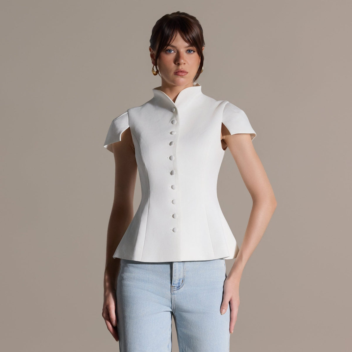 Stand Collar Peplum Blouse - shopaleena