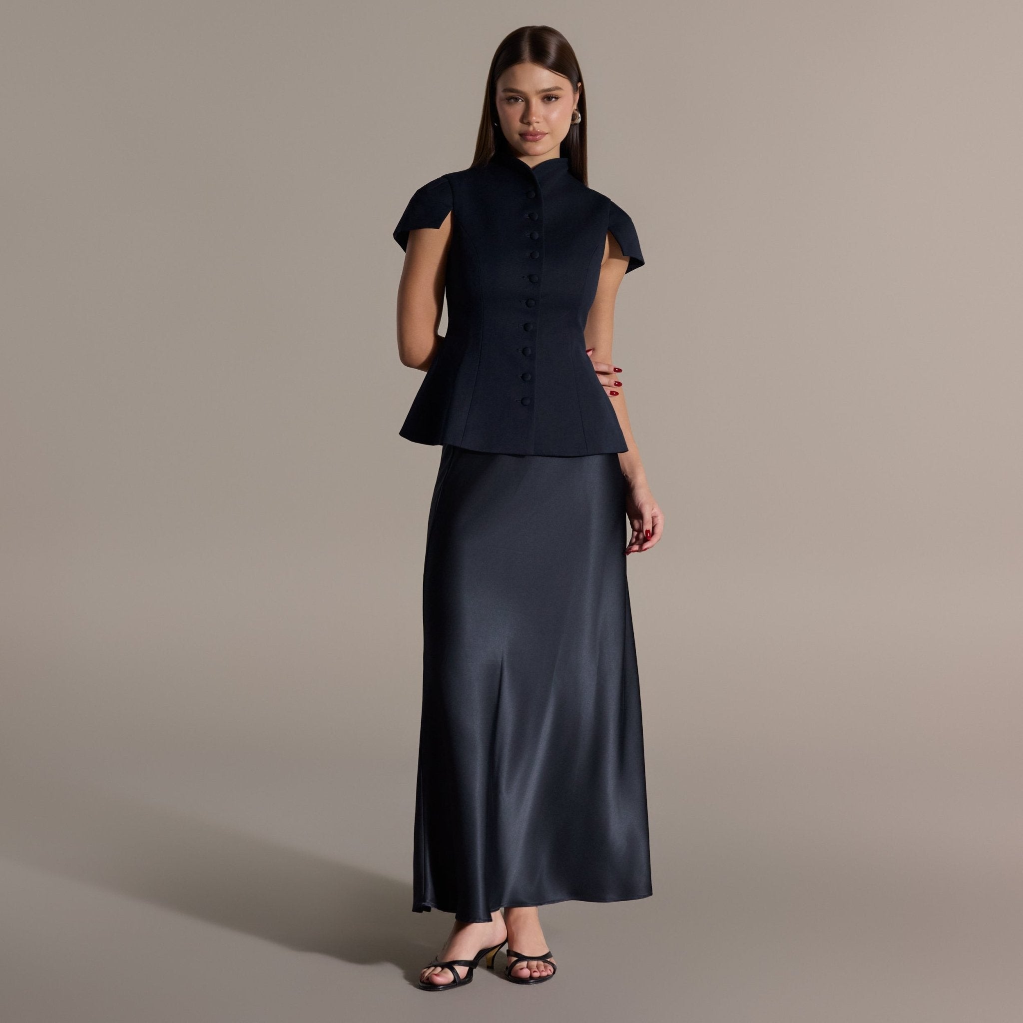 Stand Collar Peplum Blouse - shopaleena