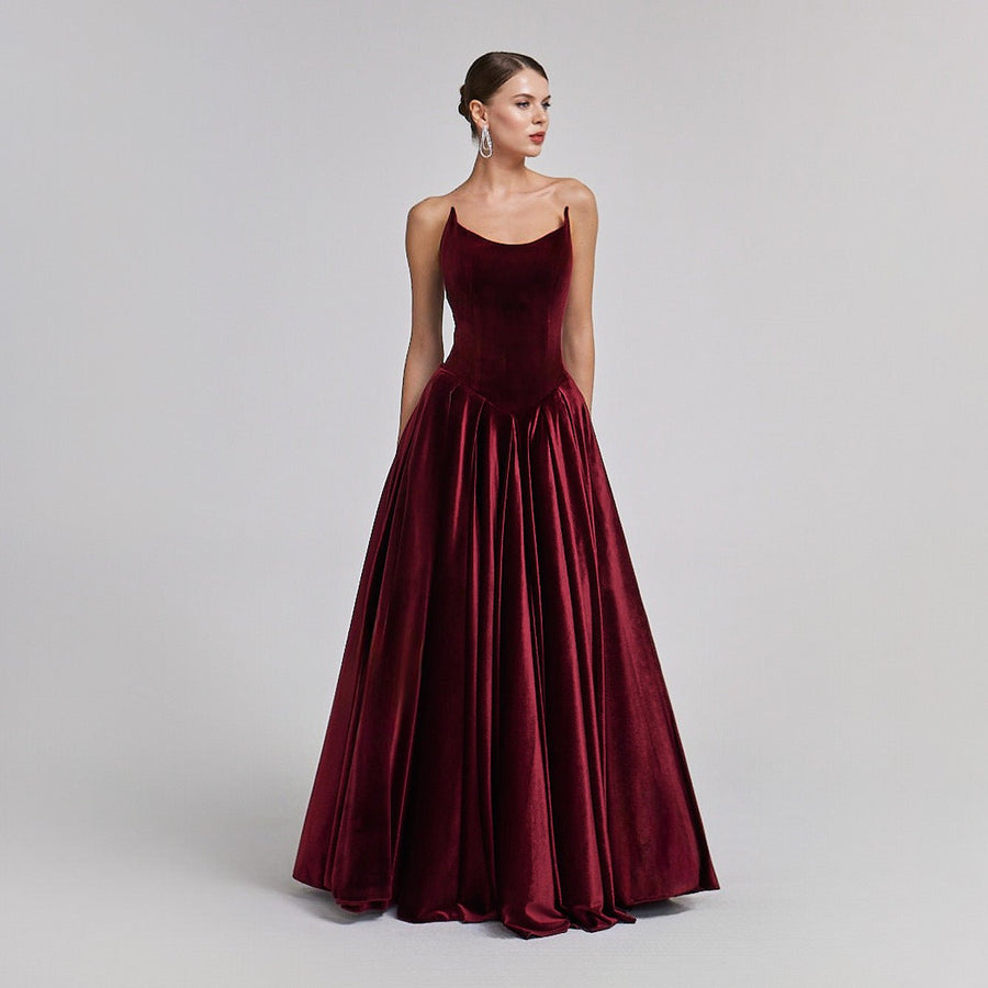 Strapless Burgundy Velvet Corset Gown - shopaleena