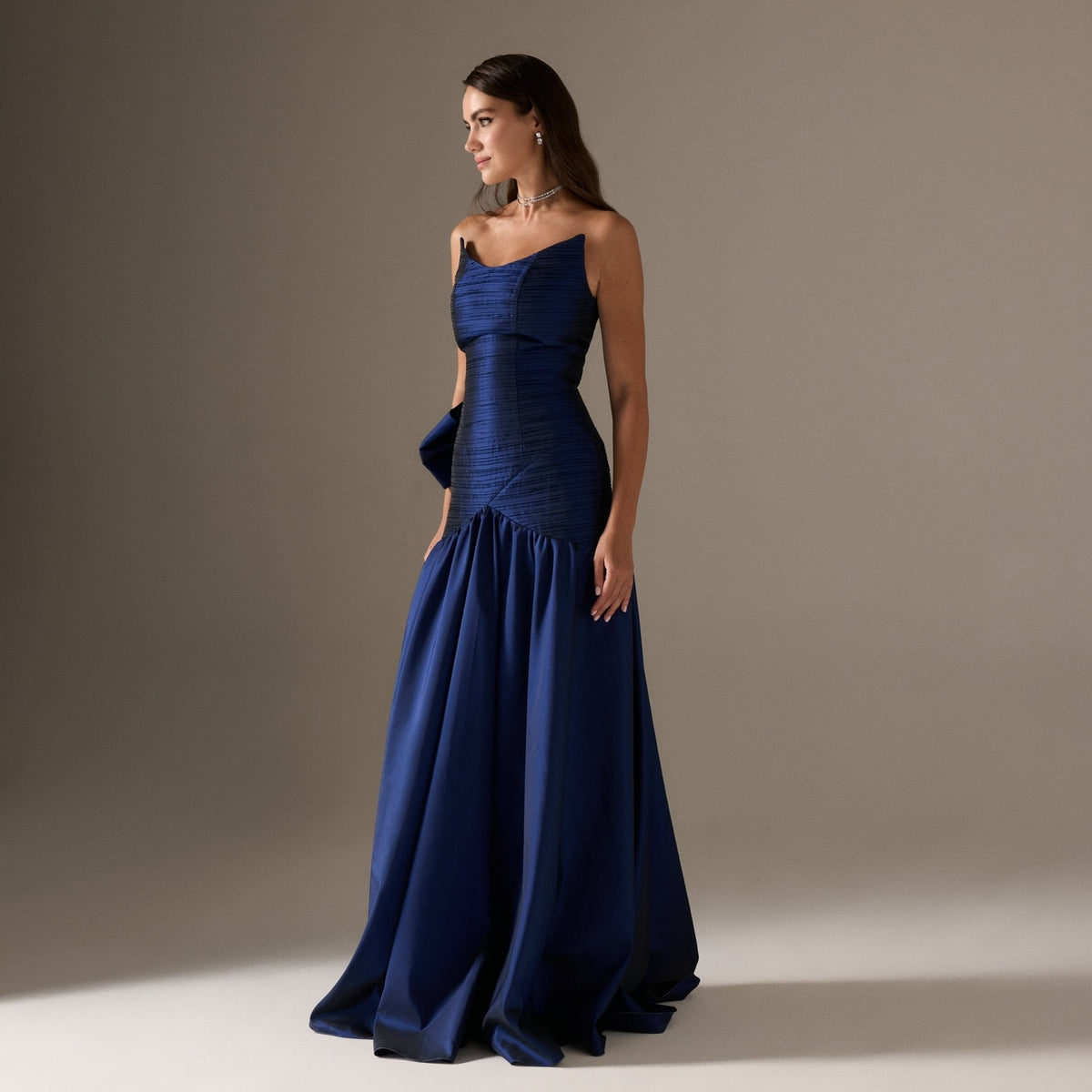 Strapless Ruched Taffeta Floor Length Dress - shopaleena