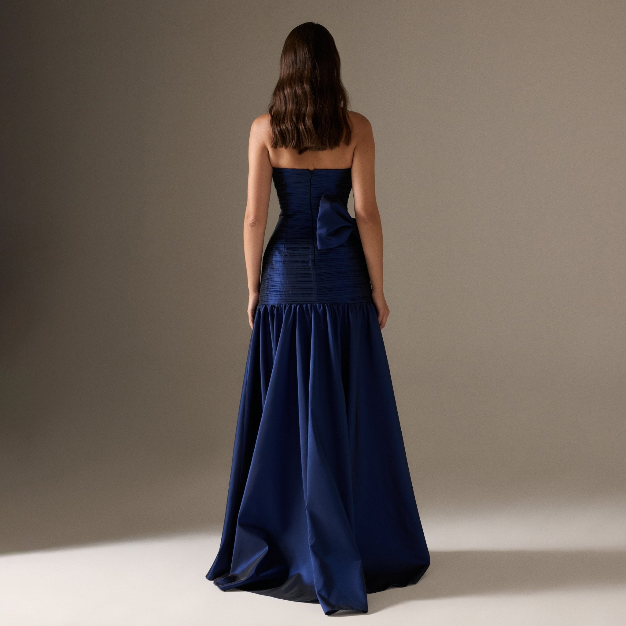 Strapless Ruched Taffeta Maxi Dress - shopaleena