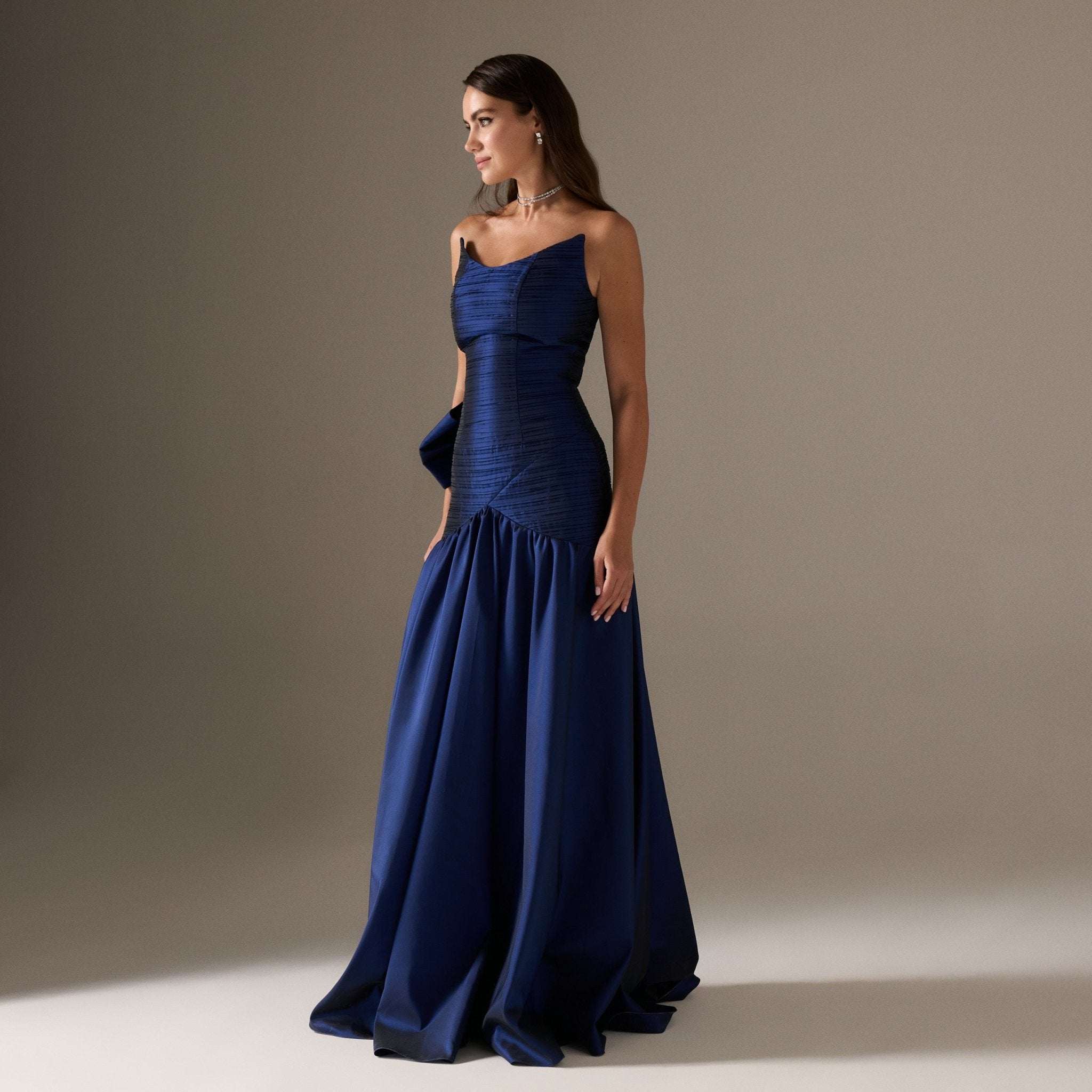 Strapless Ruched Taffeta Maxi Dress - shopaleena