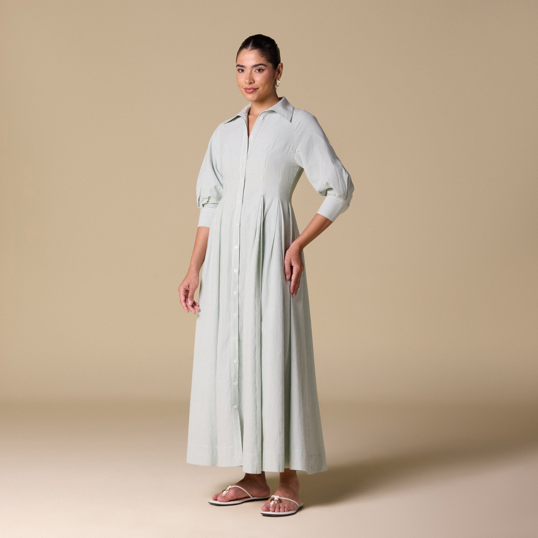 Striped Poplin Pleated Waist Maxi Shirt Dress - shopaleena