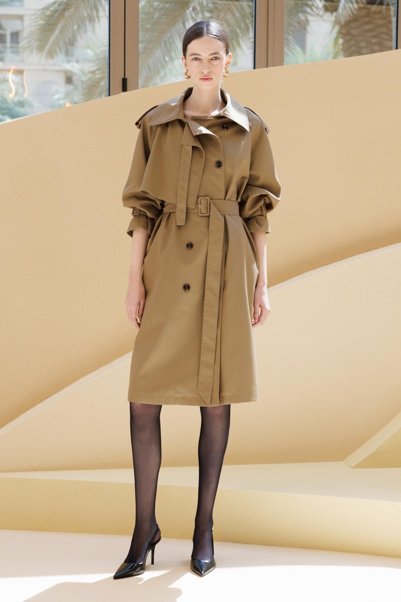 Taupe Camel Twill Cape Trench Coat - shopaleena