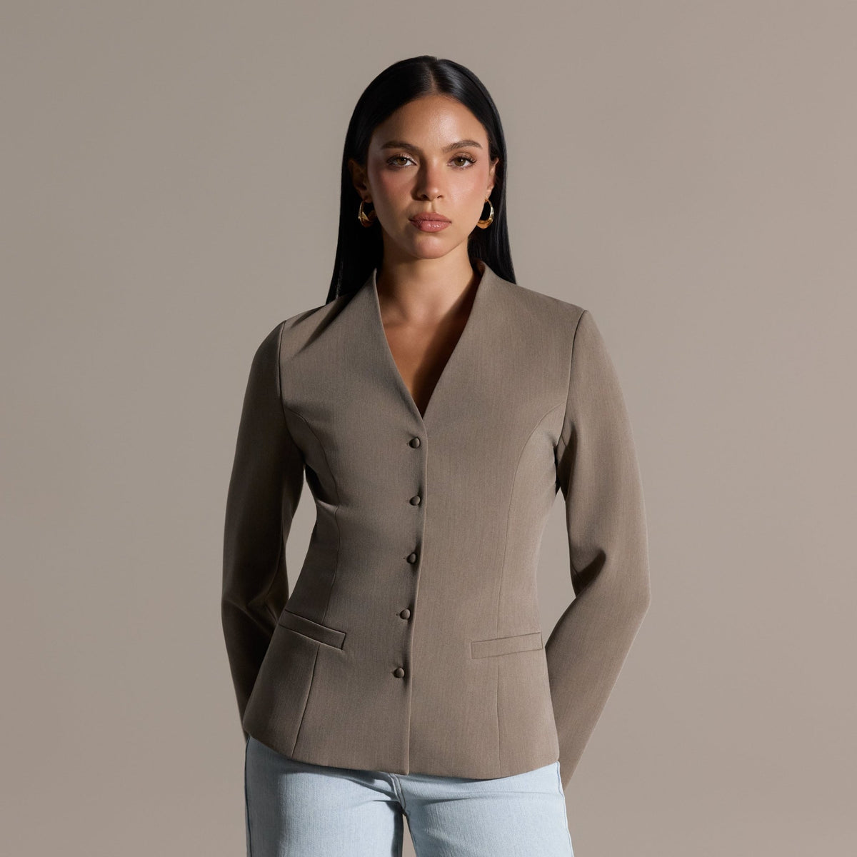 Taupe V-Neck Peplum Blazer - shopaleena