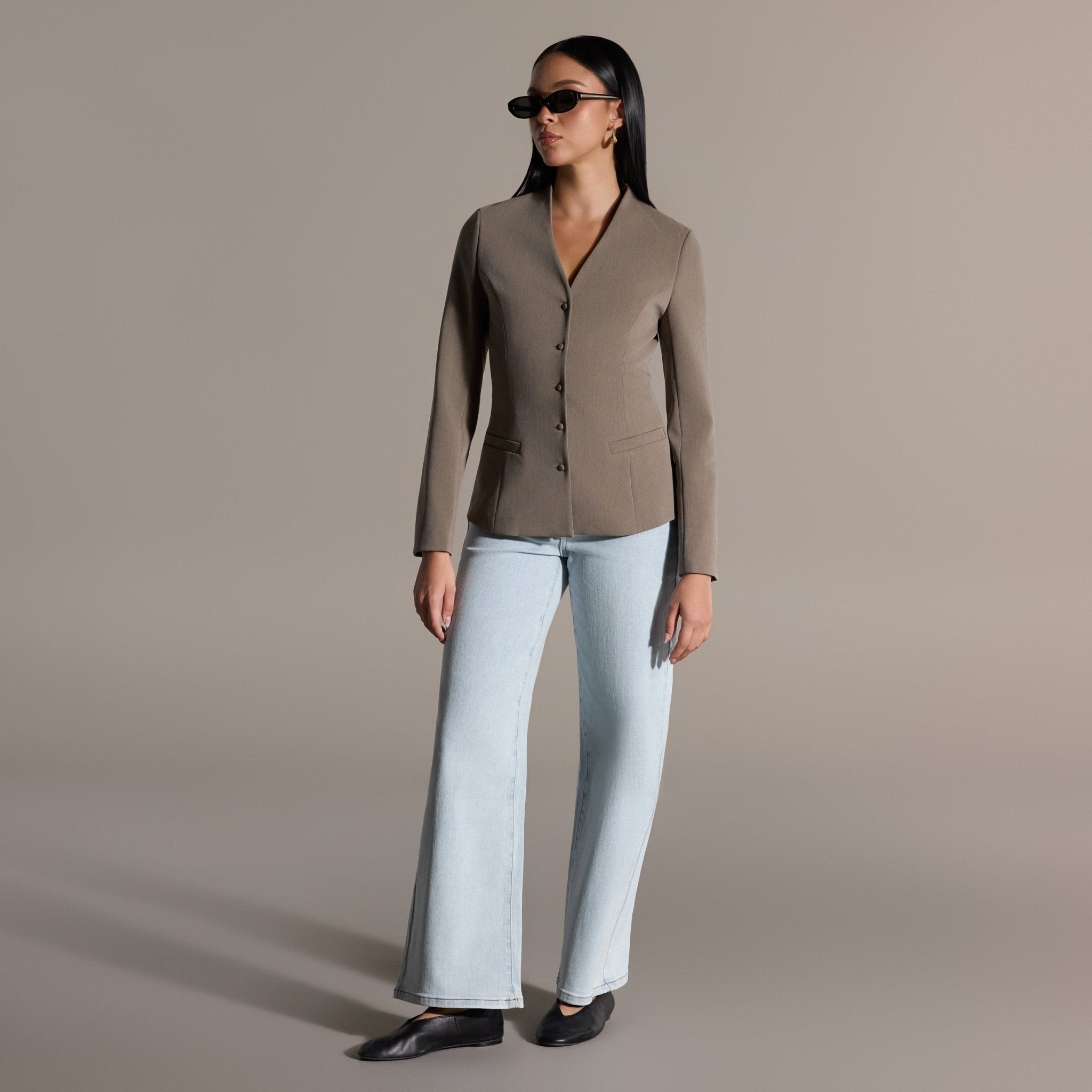 Taupe V-Neck Peplum Blazer - shopaleena
