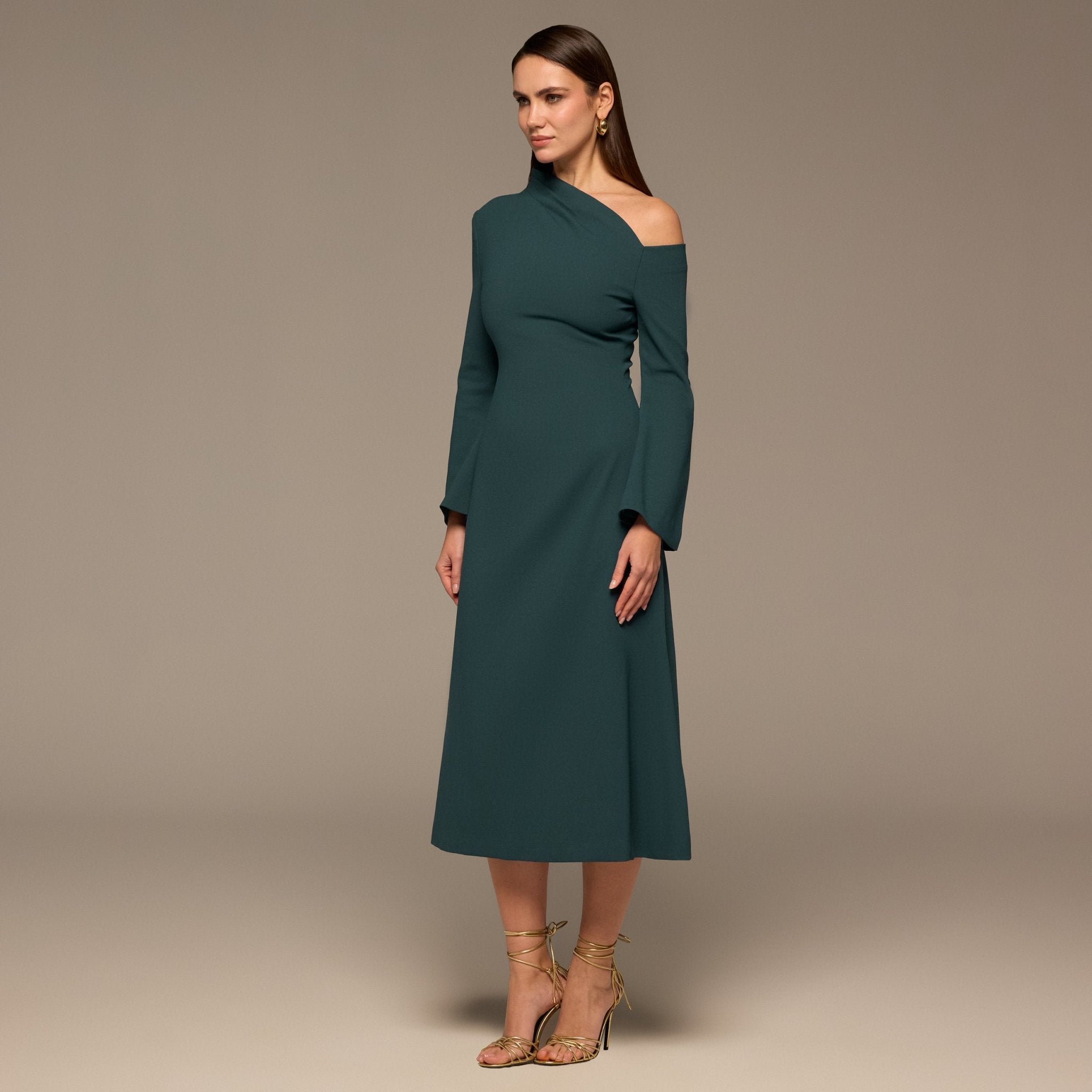 Teal Bare Shoulder Crepe Midi Dress - shopaleena