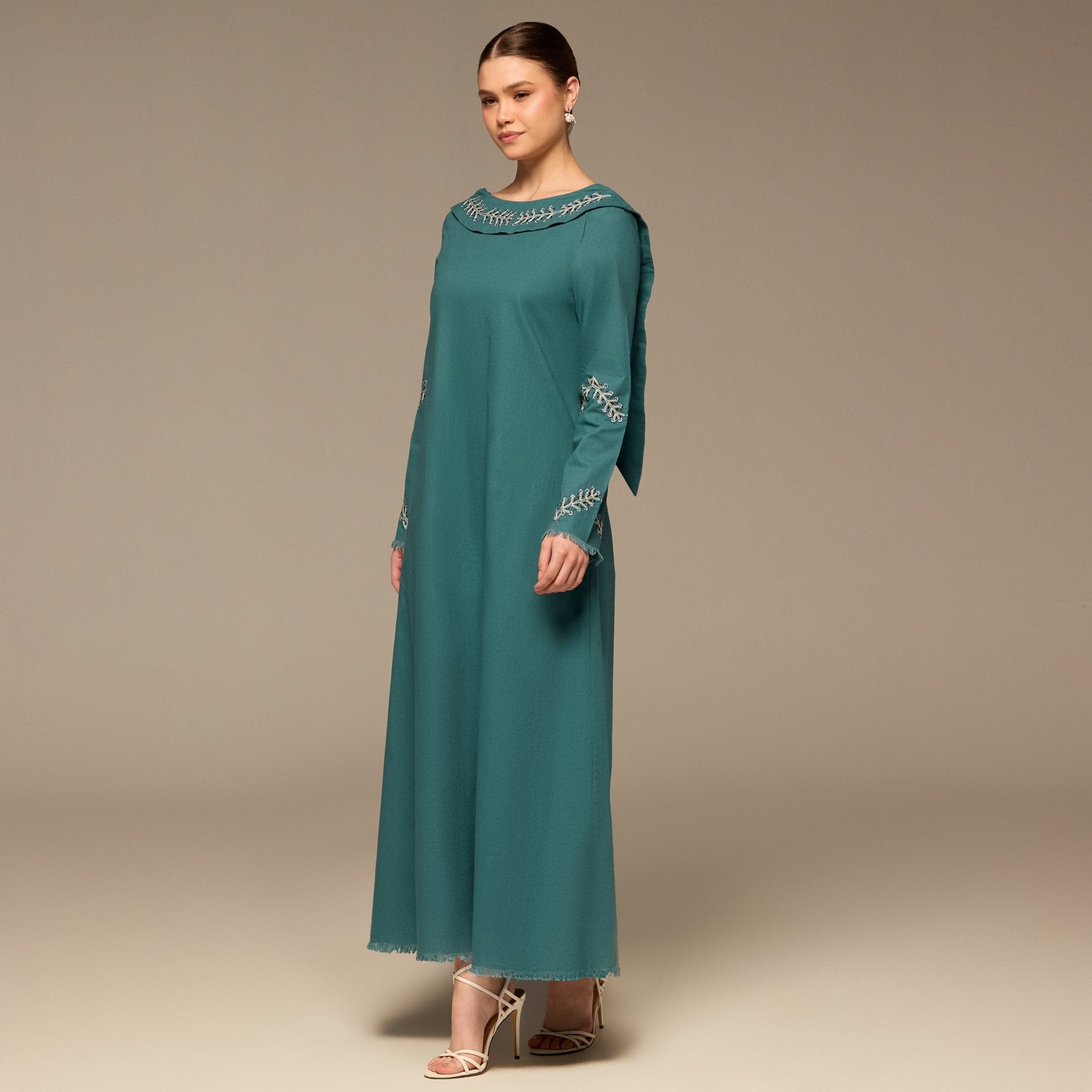 Teal Embroidered Neckline and Sleeve Linen Dress - shopaleena
