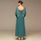 Teal Embroidered Neckline and Sleeve Linen Dress - shopaleena